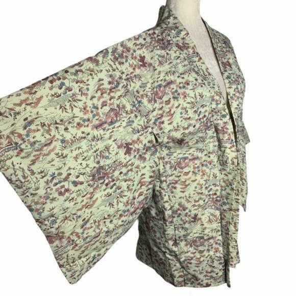 Vintage Floral Kimono Short Robe Jacket M Light Green Floral Lined Tie Waist - Picture 3 of 7